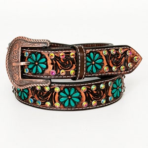 Beautifully Floral Hand Crafted In Genuine Western Leather Men & Women Brown Belt With Hand Painted Work ,Hand Carved Tooled Belt BER174-BT