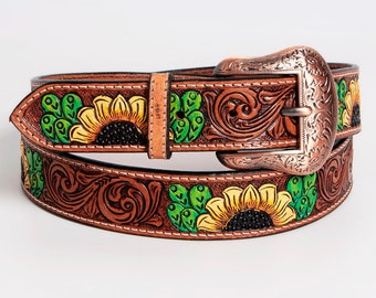 Beautifully Hand Carved In Genuine Western Leather Men & Women Belt With Cacti Sunflower Hand Painted , Hand Carved Tooled Belt  BER247-BT