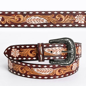 Beautiful Hand Crafted Western Stylish Genuine Leather Men & Women Belt With Floral Hand Painted , Hand Carved Tooled Belt Brown ADBLF119