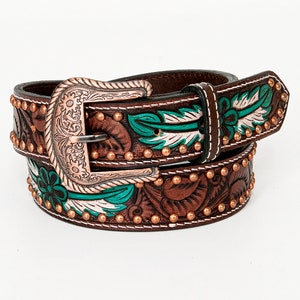 Beautifully Floral Hand Crafted In Genuine Western Leather Men & Women Brown Belt With Hand Painted Work , Hand Carved Tooled Belt BER171-BT