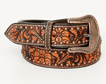 Beautifully Floral Hand Crafted In Genuine Western Fashion Leather Men And Women Brown Belt , Hand Carved Tooled Belt BER194-BT