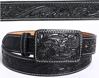 Beautiful Hand Crafted Western Style Genuine Leather Men&Women Belt With Floral Leather Covered Buckle Belt,Hand Carved Tooled Belt ADBLF215