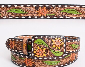 Beautiful Hand Crafted Western Genuine Leather Men & Women Belt  Floral Hand Painted Leather Covered Buckle,Hand Carved Tooled Belt ADBLF176