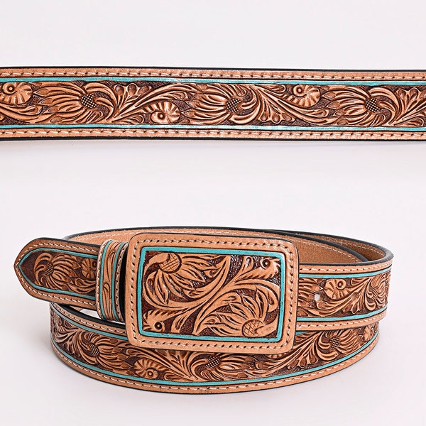 Beautiful Hand Crafted Western Genuine Leather Men & Women Belt With  Floral  Leather Covered Buckle Belt , Hand Carved Tooled Belt ADBLF179