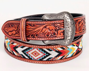 Beautifully Hand Crafted In Genuine Western Fashion Leather Men And Women Belt With Inlaid Bead Work Brown,Hand Carved Tooled Belt BEE101-BT