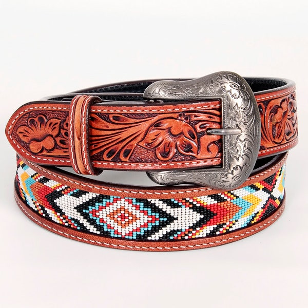 Beautifully Hand Crafted In Genuine Western Fashion Leather Men And Women Belt With Inlaid Bead Work Brown,Hand Carved Tooled Belt BEE101-BT