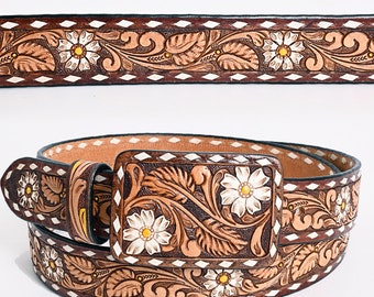 Beautiful Hand Crafted Western Genuine Leather Men & Women Belt Floral Hand Painted Leather Covered Buckle,Hand Carved Tooled Belt ADBLF184