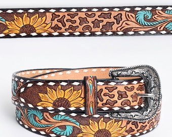 Beautiful Hand Crafted Western Stylish Genuine Leather Men & Women Belt With Floral Hand Painted , Hand Carved Tooled Belt Brown ADBLF207