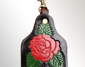 American Western Floral Hand Tooled Carved Painted Full Grain Genuine Leather Keyring for Men Fob Cowgirl Car Accessories Gift ADKRX101