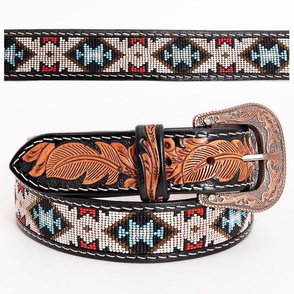 Premium Quality Hand Carved Western Leather Men & Women Belt With Beaded Inlay , Hand Carved Tooled Belt Black RIBT111