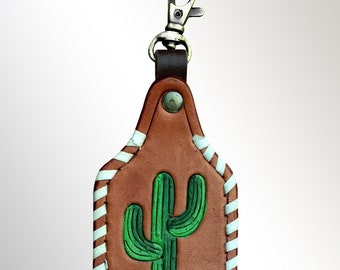 American Beautiful Cactus Hand Tooled Painted Carved Full Grain Genuine Leather Keyring for Men Fob Cowgirl Car Accessories Gift ADKRX110