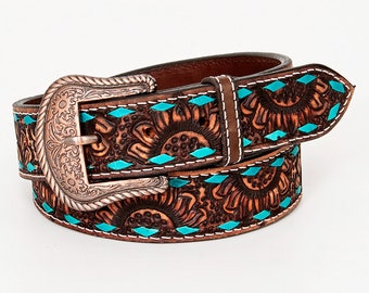 Beautifully Sunflower Hand Crafted In Genuine Western Fashion Leather Men And Women Brown Belt , Hand Carved Tooled Belt BER169-BT