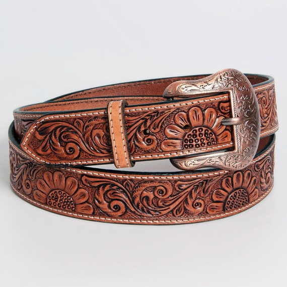 Large floral tooled leather tie on cross with silver beads