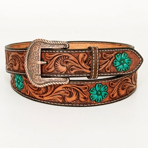 Beautifully Floral Hand Crafted In Genuine Western Leather Men & Women Brown Belt With Hand Painted Work. Hand Carved Tooled Belt BER175-BT