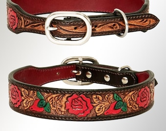 Genuine Leather Dog Collar,Girl Dog Collar,Floral Hand Painted Dog Collar,Pitbull,Small,Big Dog Collar,Hand Carved Tooled Dog Collar,RIDC117