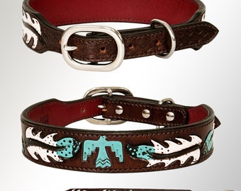 Genuine Leather Dog Collar, Girl Dog Collar,Hand Carved Tooled Dog Collar, Hand Painted Dog Collar, Pitbull, Small ,Large Dog Collar,RIDC109