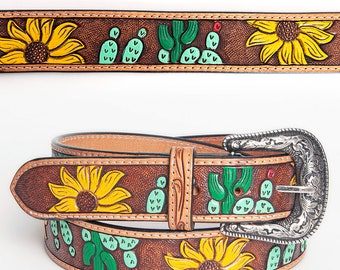 Beautifully Hand Carved In Genuine Western Leather Men & Women Belt With Cactus Floral Hand Painted , Hand Carved Tooled Belt ADBLF101