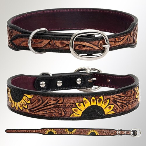 Leather Dog Collar Hand Painted & Tooled Sunflower Small Etsy