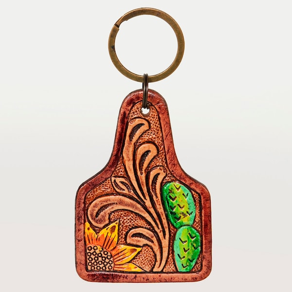 American Beautiful Floral Hand Tooled Painted Carved Full Grain Genuine Leather Keyring for Men Fob Cowgirl Car Accessories Gift ADKR188