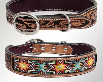 Genuine Leather Dog Collar, Girl Dog Collar, Beaded Dog Collar, Pitbull , Small & Big Dog Collar, Hand Carved Tooled Dog Collar RIDC106