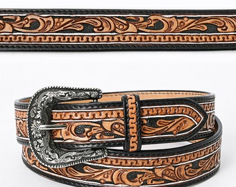 Beautiful Floral Hand Crafted , Black Inlay Genuine Western Fashion Leather Men And Women Brown Belt , Hand Carved Tooled BeltADBLF109