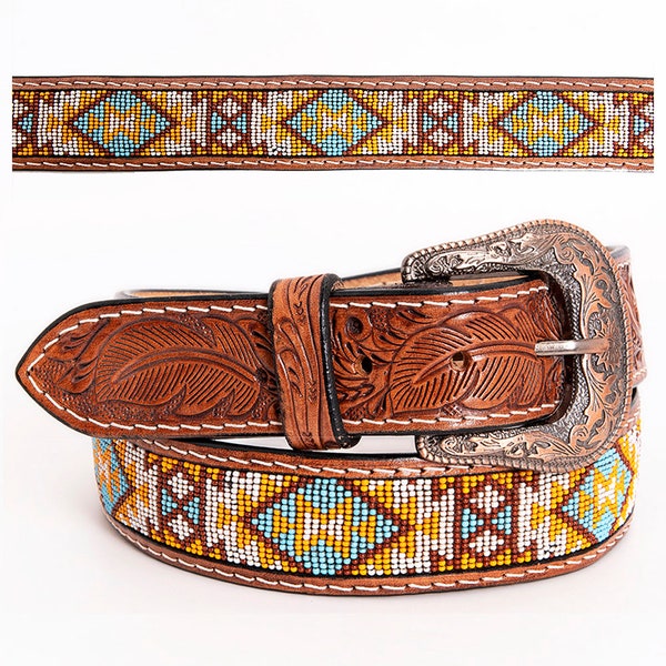 Premium Quality Hand Carved Western Leather Men & Women Belt With Beaded Inlay , Hand Carved Tooled Belt Tan RIBT113