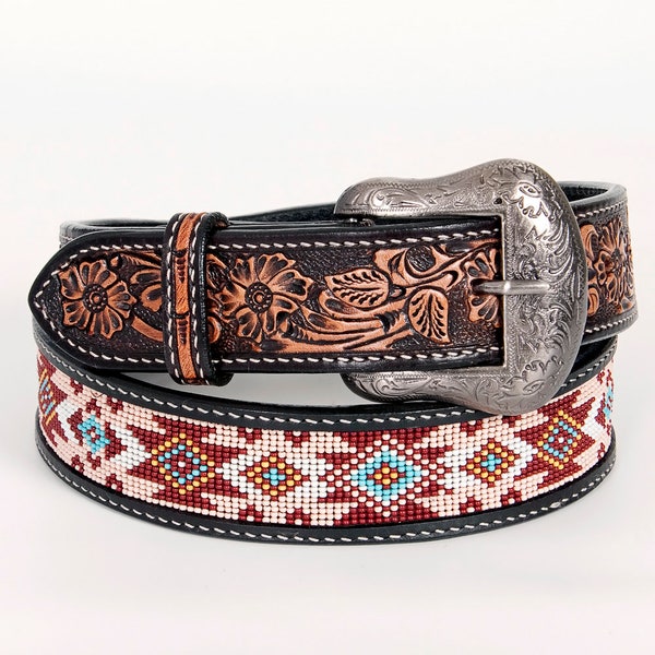 Beautifully Hand Crafted In Genuine Western Fashion Leather Men And Women Belt With Inlaid Bead Work Black,Hand Carved Tooled Belt BEE103-BT