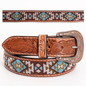 Premium Quality Hand Carved Western Leather Men & Women Belt With Beaded Inlay , Hand Carved Tooled Belt  Tan RIBT105