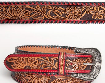 Beautiful Floral Design Brown Inlay Hand Carved In Genuine Western Leather Men & Women Belt , Hand Carved Tooled Belt ADBLF103