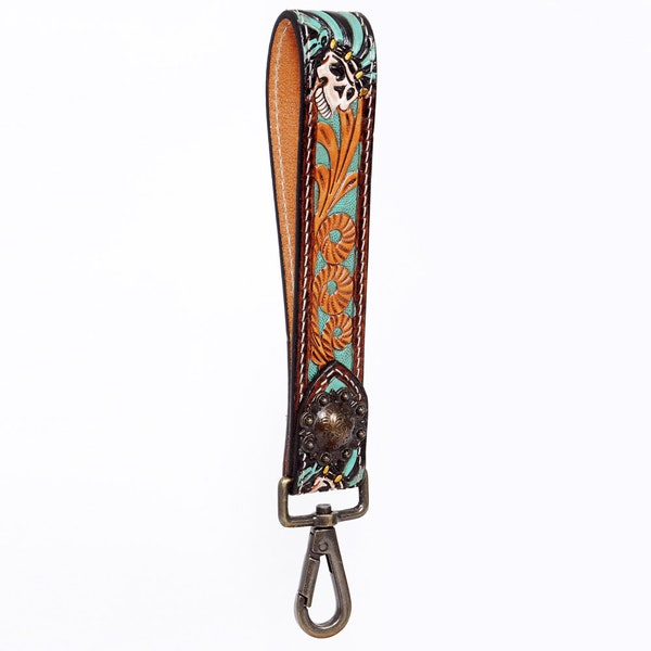 American Luxury Girls Women Style Concho Skull Design Hand Painted Genuine Leather Handle Strap For Hand Tooled Bag Wristlet Key Ring