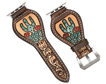 American Man, Women Style Cactus Hand Tooled Painted Genuine Leather Apple Watch Strap, Luxury I Phone Watch Hand Band Genuine Leather Strap