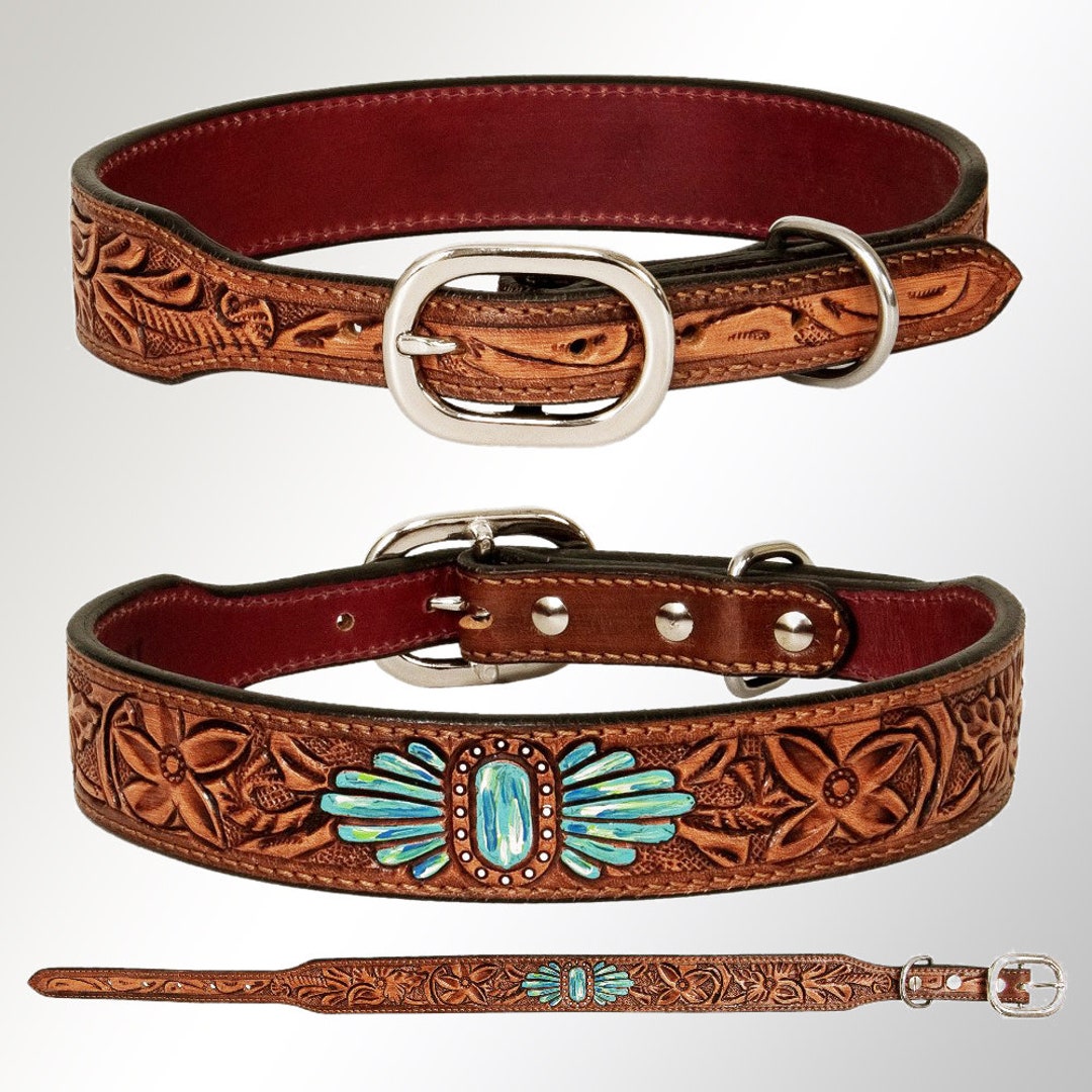 Genuine Leather Dog Collar, Girl Dog Collar,hand Carved Tooled Dog
