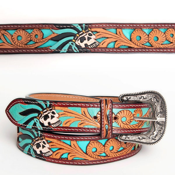 Beautiful Hand Crafted Western Stylish Genuine Leather Men & Women Belt With Skull Floral Hand Painted , Hand Carved Tooled Belt ADBLF128