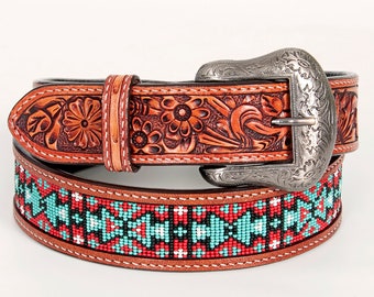 Beautifully Hand Crafted In Genuine Western Fashion Leather Men And Women Belt With Inlaid Bead Work Brown,Hand Carved Tooled Belt BEE114-BT