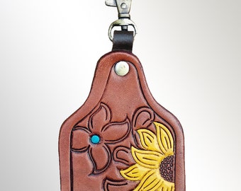 American Western Floral Hand Tooled Carved Painted Full Grain Genuine Leather Keyring for Men Fob Cowgirl Car Accessories Gift ADKRX105