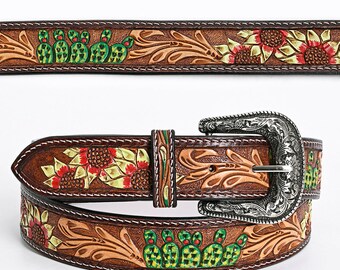 Beautiful Hand Crafted Western Stylish Genuine Leather Men&Women Belt With Floral Cactus  Hand Painted,Hand Carved Tooled Belt BrownADBLF141
