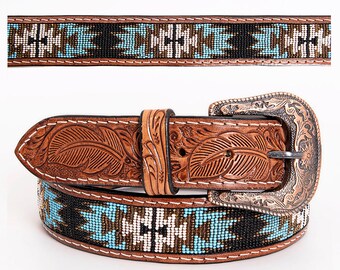 Premium Quality Hand Carved Western Leather Men & Women Belt With Beaded Inlay , Hand Carved Tooled Belt Tan RIBT112