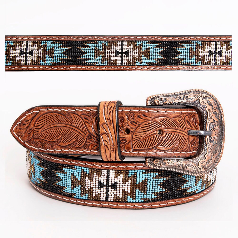 Premium Quality Hand Carved Western Leather Men & Women Belt With Beaded Inlay , Hand Carved Tooled Belt Tan RIBT112