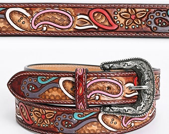 Beautifully Floral Hand Crafted , Hand Painted In Genuine Western Fashion Leather Men And Women Brown Belt , Hand Carved Tooled BeltADBLF105