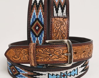 Premium Quality Hand Carved,Beautiful  Western Genuine Leather Stylish Men & Women Belt With Beaded Inlay , Hand Tooled Belt Brown HSBT106