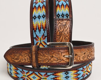 Premium Quality Hand Carved Western Leather Men & Women Belt With Beaded Inlay Beautiful, Hand Carved, Hand Tooled Belt Brown HSBT104