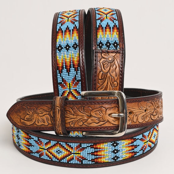 Premium Quality Hand Carved Western Leather Men & Women Belt With Beaded Inlay Beautiful, Hand Carved, Hand Tooled Belt Brown HSBT104