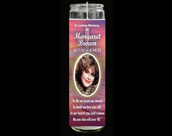 Custom Memorial Prayer Candle (Beach Sunset) Personalized Photo, Name and Date