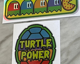 Turtle Power Holographic Stickers, TMNT Pizza Pac Man Inspired (2 Sticker Pack)