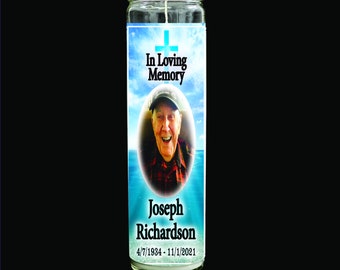 Custom Memorial Prayer Candle (Ocean) Personalized Photo, Name and Date