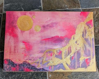 Technicolor Landscape - Canvas Art Print - Hand embellished - gold metallic - texture - 8x12"