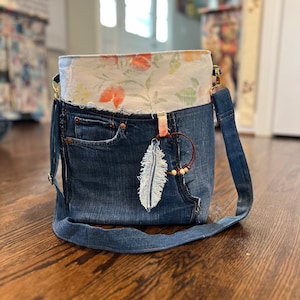 Recycled Denim Shoulder Bag: Handmade Jean Purse with Floral Print