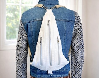 Upcycled Denim Backpack,  Eco-Friendly Jean Purse, White Denim Bag with 3 Zipper Compartments, Handmade Travel & Everyday Backpack