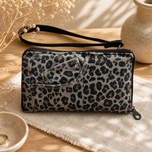 Leopard Print Upcycled Denim Wallet Wristlet, Travel Wallet Purse, Phone & Passport Holder, Crossbody Evening Bag, Zipper Coin Pocket