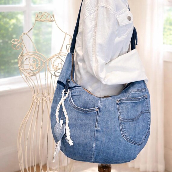 Upcycled Denim Hobo Bag – Distressed Jean Crossbody Purse - Etsy 